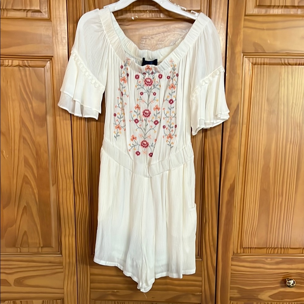 Blue Rain White Floral Embroidered Off the Shoulder Romper